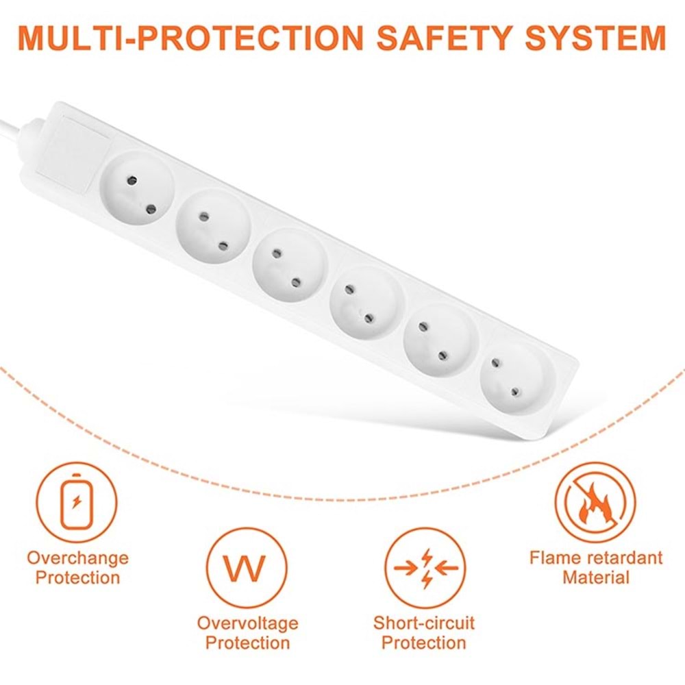 Grup Priz 6’lı 2 Metre Kablolu Topraklı Uzatma Kablosu