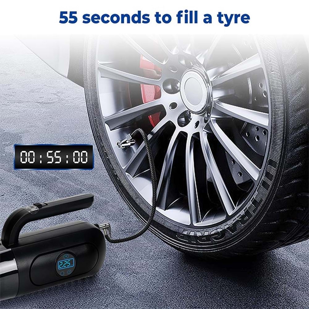 Kompresör 4'ü 1 arada Dijital Göstergeli El Süpürgesi ve Lastik Şişirme Hava Kompresörü