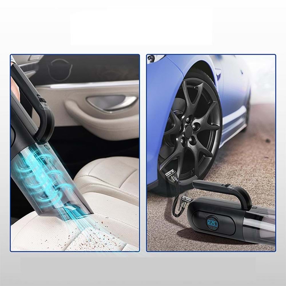 Kompresör 4'ü 1 arada Dijital Göstergeli El Süpürgesi ve Lastik Şişirme Hava Kompresörü