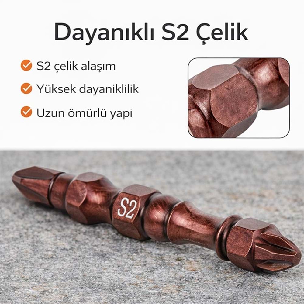 Bits Uç PH2x65 mm Çift Yönlü Mıknatıslı S2 Çelik Has-Tec