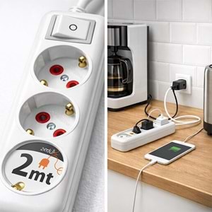 Grup Priz 3’lü 2 Metre Anahtarlı Kablolu Topraklı Priz