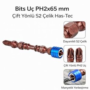 Bits Uç PH2x65 mm Çift Yönlü Mıknatıslı S2 Çelik Has-Tec
