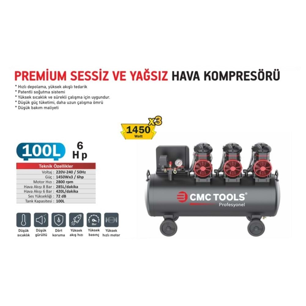 CMC Premium 100 LT 6 HP Sessiz Yağsız Hava Kompresörü