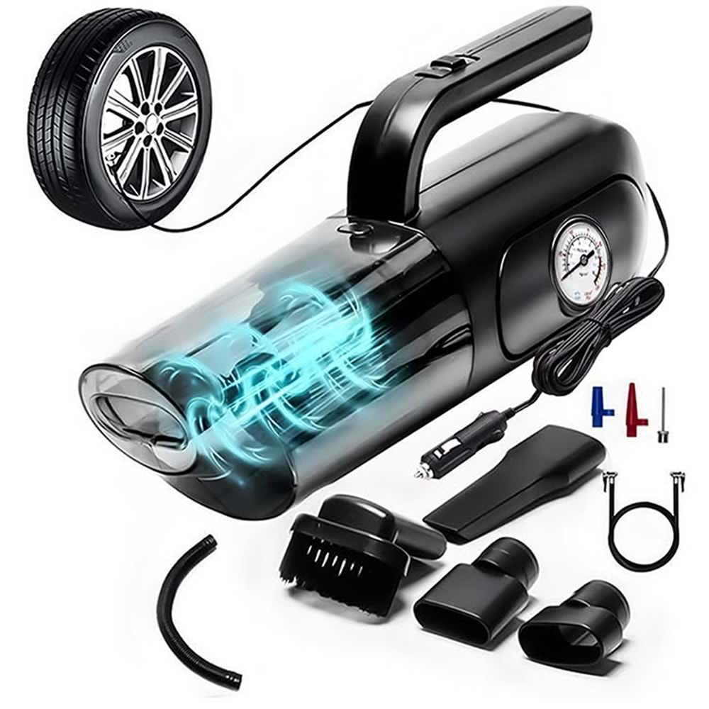 4'ü 1 arada Saat Göstergeli Güçlü Emişli Elektrikli El Süpürgesi ve Lastik Şişirme Hava Kompresörü
