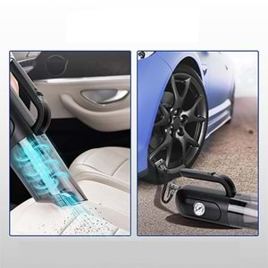 4'ü 1 arada Saat Göstergeli Güçlü Emişli Elektrikli El Süpürgesi ve Lastik Şişirme Hava Kompresörü