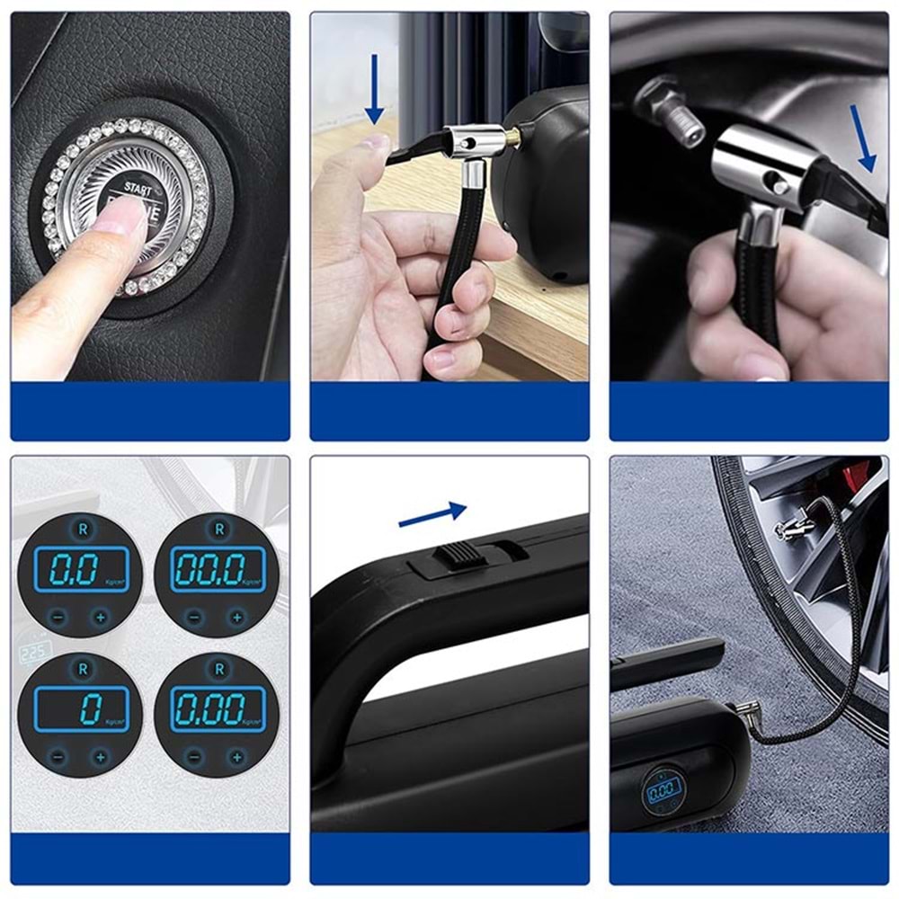 4'ü 1 arada Dijital Göstergeli Güçlü Emişli Elektrikli El Süpürgesi ve Lastik Şişirme Hava Kompresörü